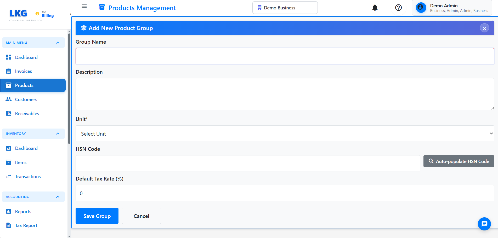 Product Group Form Filled