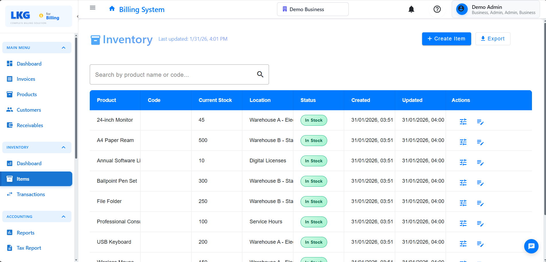 Inventory Items List