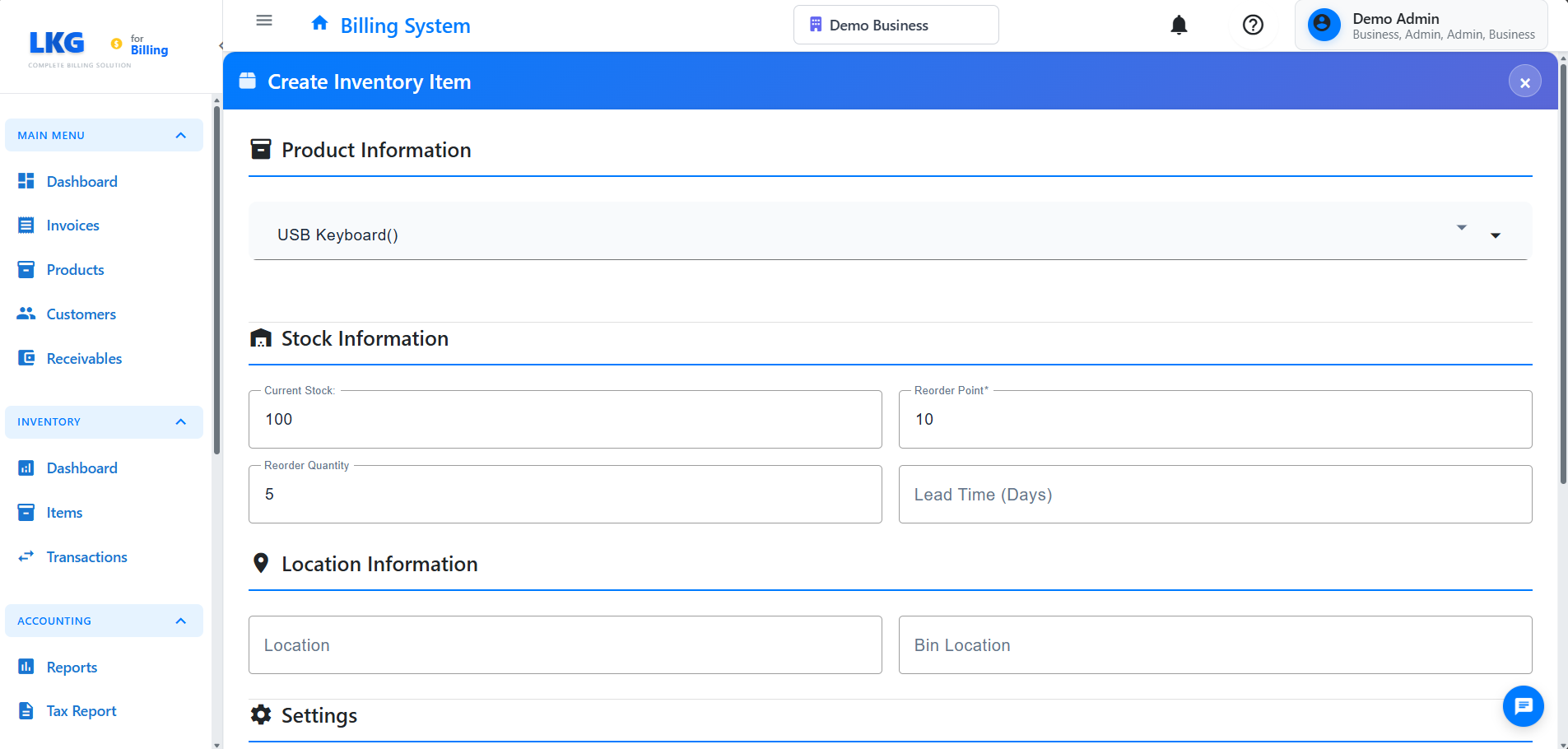 Create Inventory Item